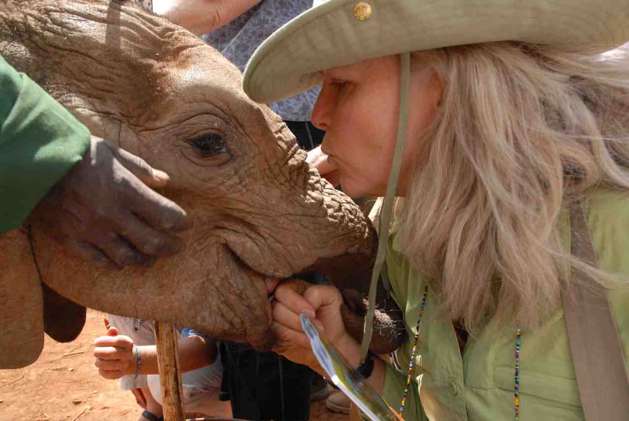 Lori Robinson kisses elephants at Sheldrick orphanage